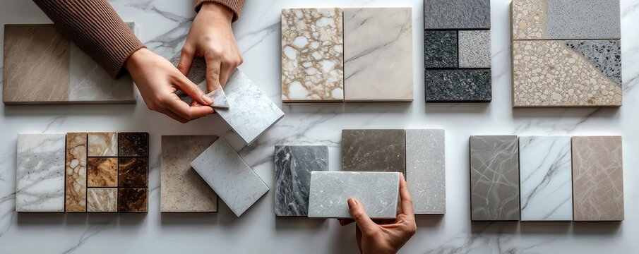 Interior designer, client choose marble stone color samples for kitchen facades. Examine various stone options. Client gets pro advice from designer. Selection process takes place in studio showroom.