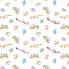 Festive Hanukkah seamless pattern with jelly donuts and colorful dreidels