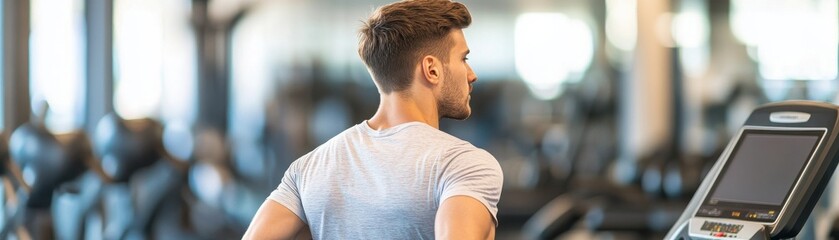 A man exercises on a treadmill in a modern gym, showcasing dedication to fitness and health in a vibrant setting.