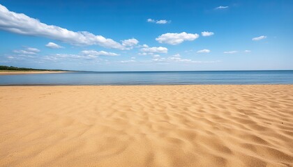 A serene beach scene featuring golden sand, gentle waves, and a clear blue sky with fluffy clouds, evoking tranquility and natural beauty.