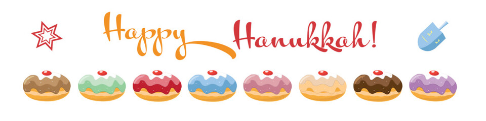 Happy Hanukkah festive banner with nine colorful frosted jelly donuts