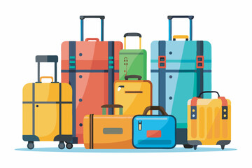 Vibrant image of assorted luggage for travel, in chaos yet visually appealing. Includes suitcases, handbags, colorful styles, various sizes, and easy mobility features.