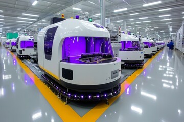 A wide-angle view of a massive production line assembling motherboards with CPUs for industrial applications