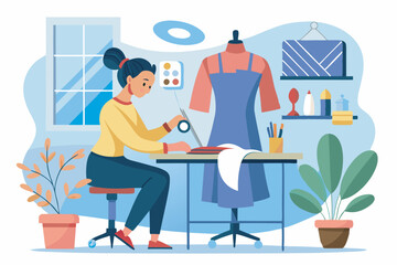 A serene cartoon depicts a woman sewing at a desk surrounded by creative tools, suggesting a dual workspace for design. Sunlight fills the room, fostering a focused and satisfying atmosphere.
