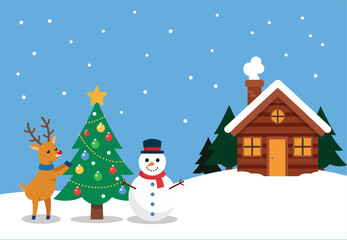 Christmas Holiday Scene with Snowman, Reindeer, Decorated Tree, and Cozy Cabin, Vector Illustration