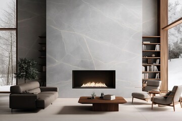 Modern living room with fireplace featuring light grey marble. Stylish furniture in light brown wood, grey fabric. Room large windows snowy landscape. Elegant, cozy space. Suitable for home decor,