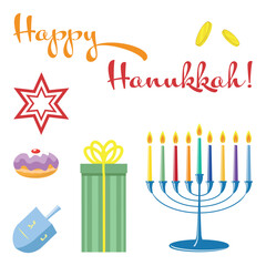 A collection of traditional Hanukkah symbols on a white background