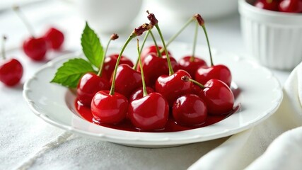 Red Maraschino Cherries on White Plate - Elegant Dessert Still Life
