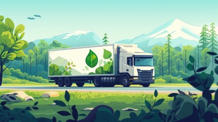 Obraz premium Upclose image of a truck transporting goods with a banner displaying the companys commitment to carbonneutral shipping ods.