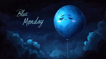 Emotional illustration of a sad blue balloon symbolizing blue monday in a dark sky environment