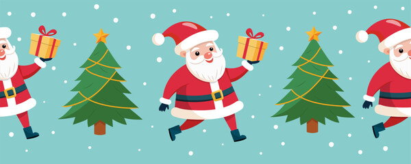 Seamless pattern of cute Santa Claus and Christmas tree. Winter New Year's background. The border.