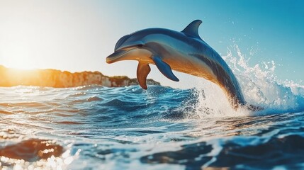 Naklejka premium Dolphin leaping from ocean waves at sunset.