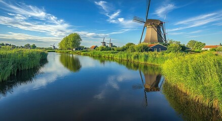 Scenic view of a windmill by a serene river under a blue sky.