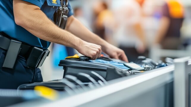 Uniformed security officers scrutinize a suitcase, security officers carefully check luggage at airport checkpoints, ensure security rules and compliance with travel rules