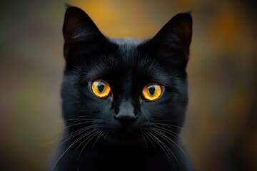 Close-up of a black cat with striking yellow eyes