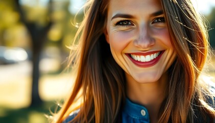 Fototapeta premium A smiling Caucasian woman with a beautiful smile of white teeth and red lipstick