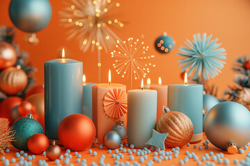 A colorful display of candles and ornaments on a table