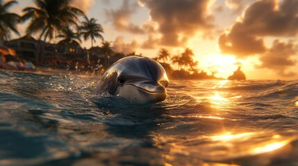 Obraz premium Dolphin swimming in ocean sunset.