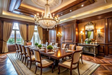 luxury lighting fixtures, an led chandelier hanging elegantly in the sophisticated dining room, elevating the ambiance and adding to the interior decors charm