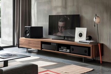 Modern living room setup with a TV, speakers, and decorative elements.
