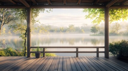 Fototapeta premium Wooden deck overlooking a misty lake with green foliage.