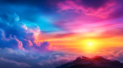 Vibrant Sky with Colorful Clouds and Dramatic Sunset Over Mountain Peaks Above the Clouds