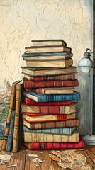 A large stack of old books sits on a wooden table next to a lamp, with a view of a town visible through a window.