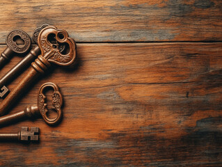 Vintage Decorative Keys Arranged on Rustic Wooden Surface with Natural Texture