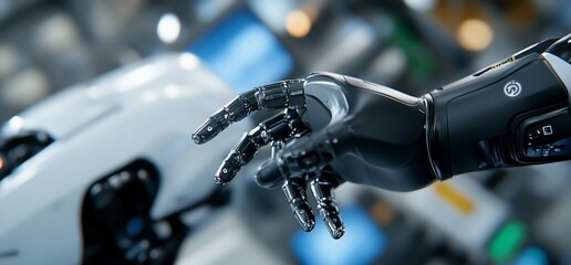 Naklejka na ściany i meble Robotic hand reaching for futuristic vehicle.