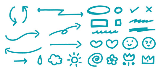 手書きのかわいいイラストアイコンと矢印のセット。子供向けのアート。白い背景に分離された線画のベクター素材。