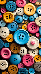 Colorful buttons scattered on dark wood background.