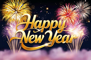 Vibrant 2025 New Year Celebration with Gold Lettering, Fireworks, and Festive Glow Effects