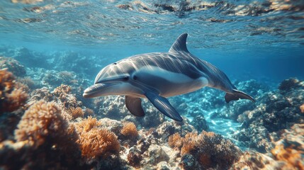 Obraz premium Dolphin swimming over vibrant coral reef.