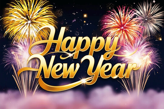 Vibrant 2025 New Year Celebration with Gold Lettering, Fireworks, and Festive Glow Effects