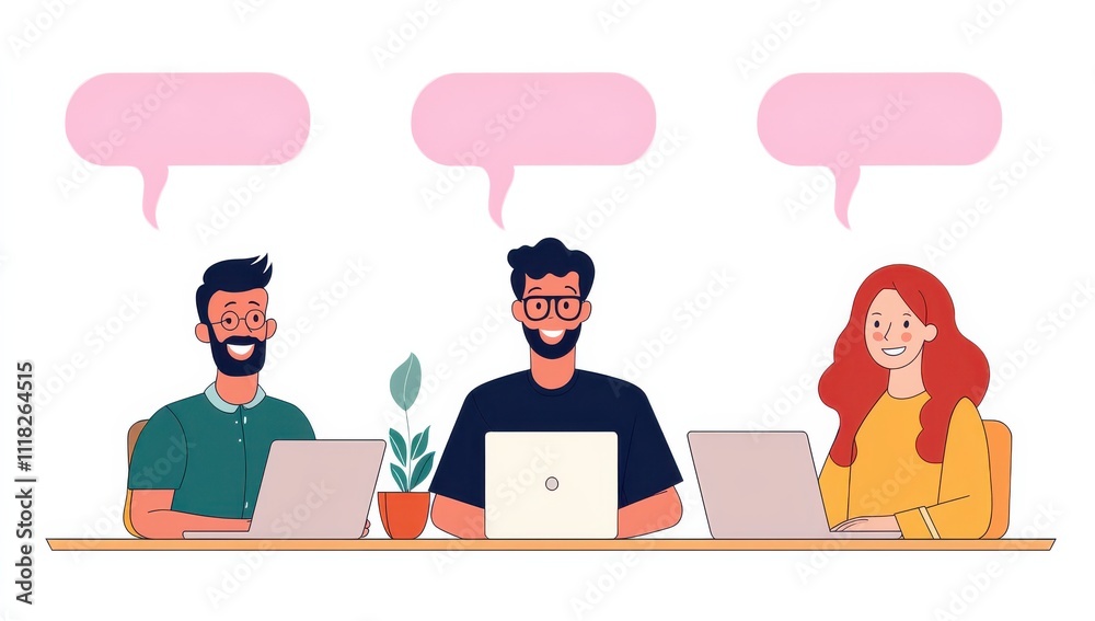 Aufkleber Group of people having a discussion. Three individuals engage in a discussion at a table with laptops, surrounded by speech bubbles and a plant, conveying a collaborative atmosphere.