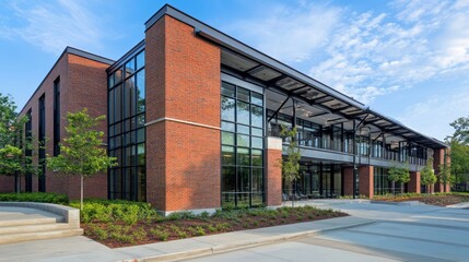 Modern brick office building with large windows, landscaping, and ample parking.