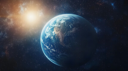 Obraz premium Dark cosmos with Earth illuminated by sun's rays in the background during the vastness of space