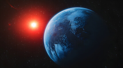 Obraz premium Vibrant blue planet illuminated by a bright red star in the vastness of space