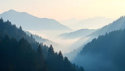Obraz premium Realistic mountains landscape. Morning wood panorama, pine trees and mountains silhouettes. Vector forest hiking background