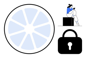 Woman reading on her device while sitting next to a simplistic pie chart and a padlock. Ideal for themes of online security, data privacy, technology, information protection, cybersecurity awareness