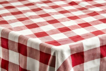 A red checked fabric cloth isolated on a wooden table counter top background.