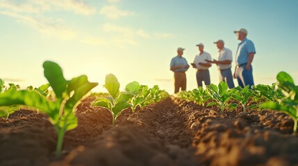 Group of people having a discussion. Farmers discuss crops in a sunlit field, highlighting teamwork and agriculture's importance in food production.