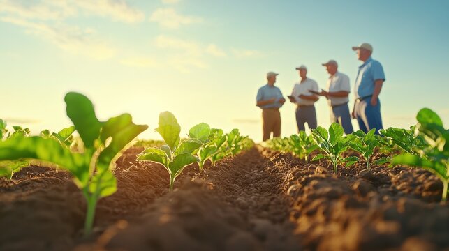 Group of people having a discussion. Farmers discuss crops in a sunlit field, highlighting teamwork and agriculture's importance in food production.