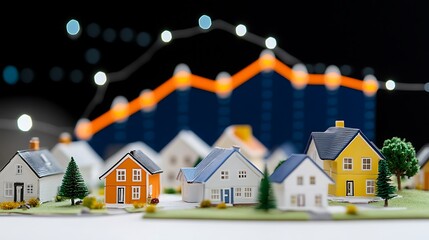 Analyzing real estate market trends with miniature houses and data charts