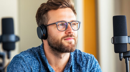 Young Man with Headphones Engaged in Creative Work in Modern Studio Setting