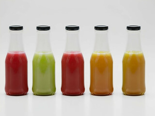 Unleash freshness with unbranded natural juices in sleek bottles, showcasing purity in a minimalist composition on a white background