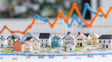 Analyzing real estate market trends with miniature houses and data charts