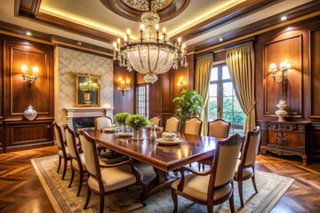 A large, elegant dining room with a long table and many chairs