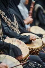 Women performing with traditional drums in cultural attire.