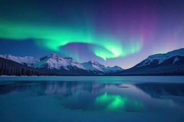 Breathtaking Northern Lights Illuminate Serene Mountain Landscape Reflecting on Calm Lake at Twilight in Spectacular Display of Nature's Beauty